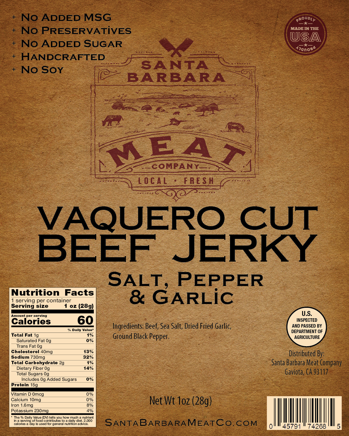 Santa Barbara Meat Company Vaquero Cut Beef Jerky - Salt, Pepper and Garlic